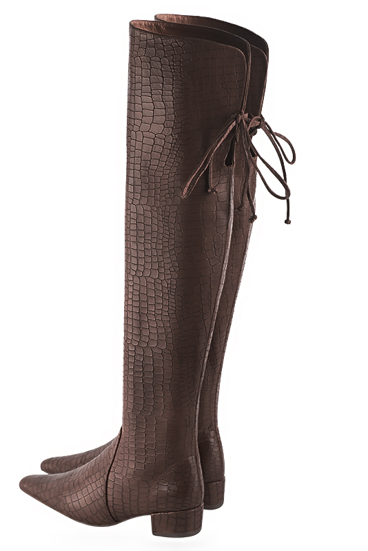 Dark brown women's leather thigh-high boots. Tapered toe. Low block heels. Made to measure. Rear view - Florence KOOIJMAN